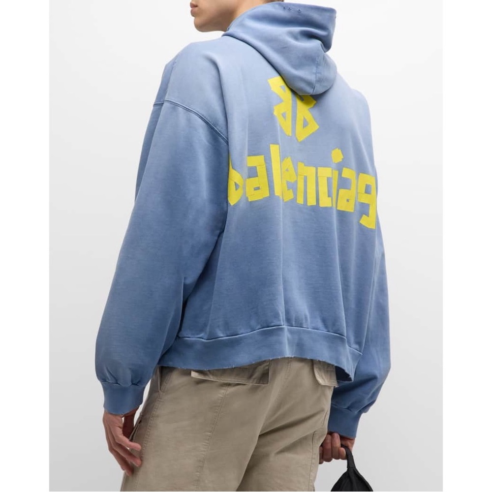 Balenciaga Men's Logo Tape Distressed Ripped Pocket Hoodie Oversized Faded Blue - Picture 2 of 15